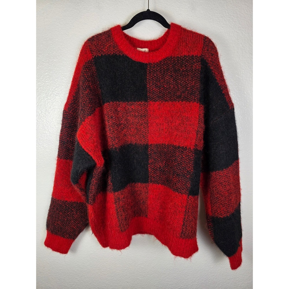 Woolrich Target Buffalo Plaid Fuzzy Knit Sweater Red Black Crew Neck‎ L Tall